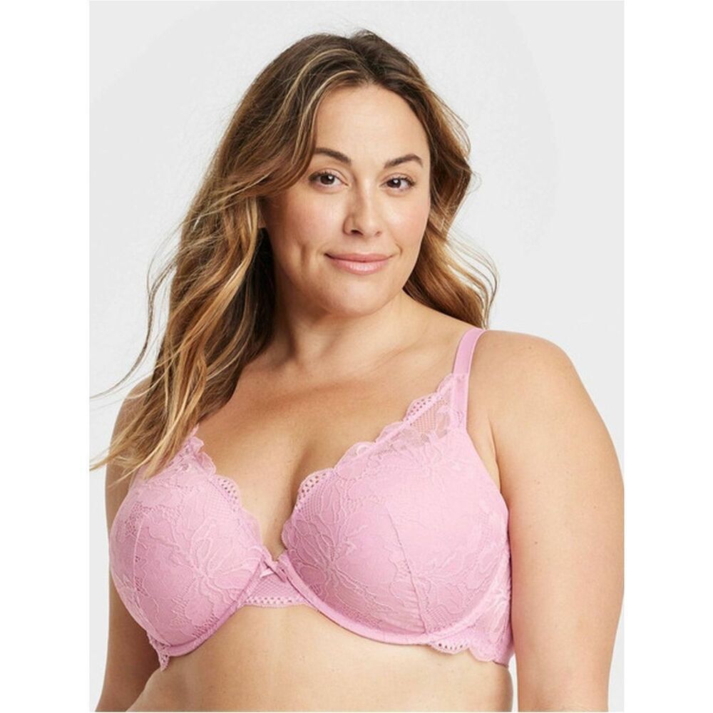 BNWT Auden Baby Pink Floral Lace Push Up Plunge Coverage Underwire Bra 38DD Glam